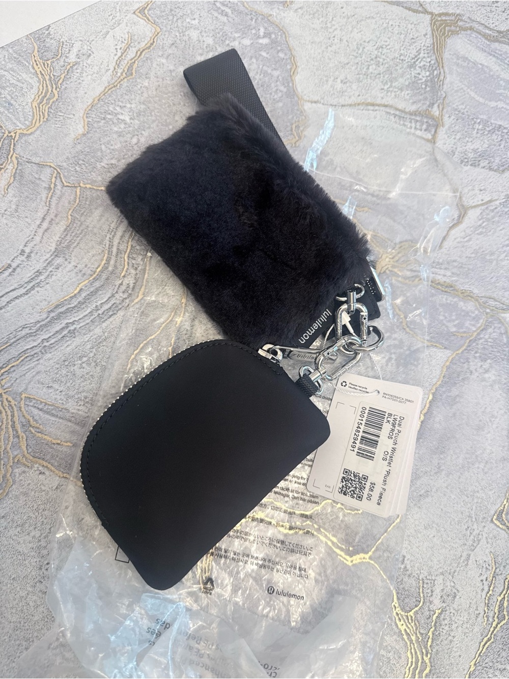 lululemon athletica Black Faux Fur and Smooth Leather Wristlet Keychain